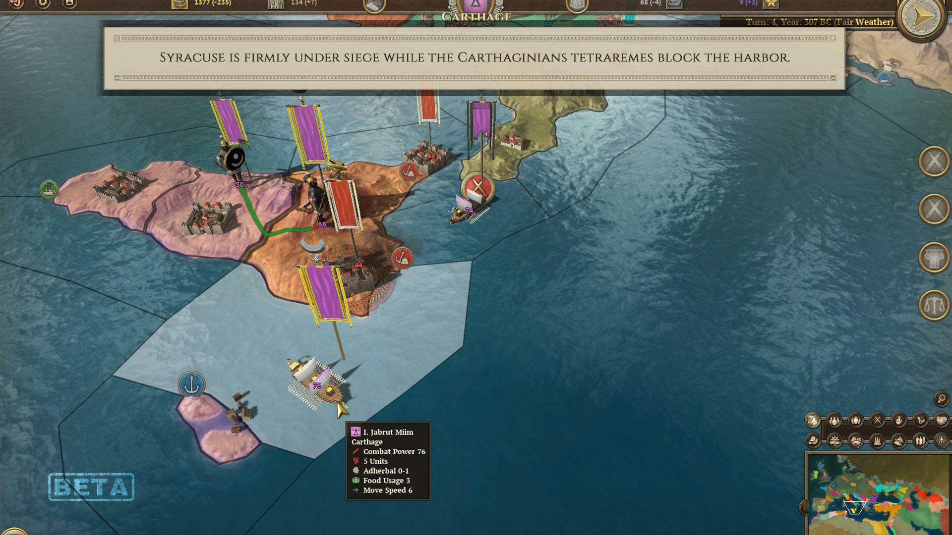 Syracuse is firmly under siege while the Carthaginians tetraremes block the harbor