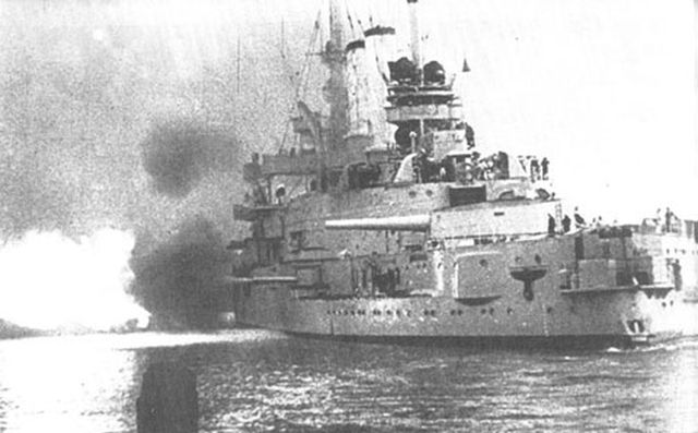 [i]The Schleswig-Holstein bombards the defenders of the Westerplatte on the opening day of the war.[/i]